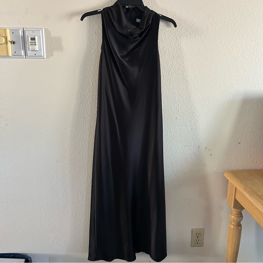 Marine Satin Halter Cowl Neck Sleeveless Midi Slip Dress in Womens 2 Black